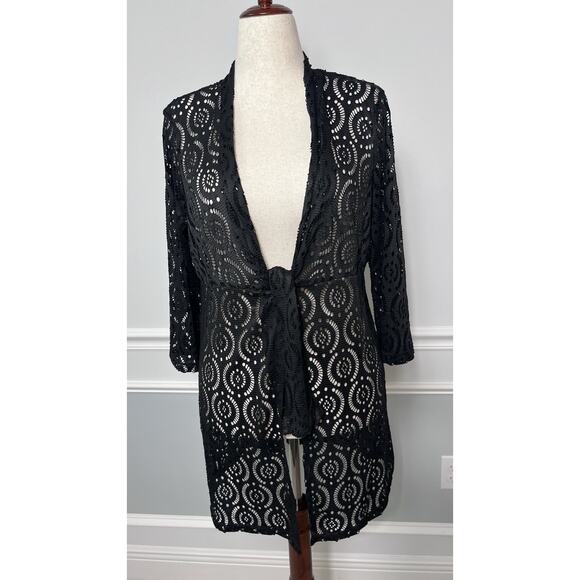 Catalina Other - CATALINA (XL) Black Open Lace Swimsuit Beach-Pool-Cover Up-Tie-Knit Kimono-Sheer